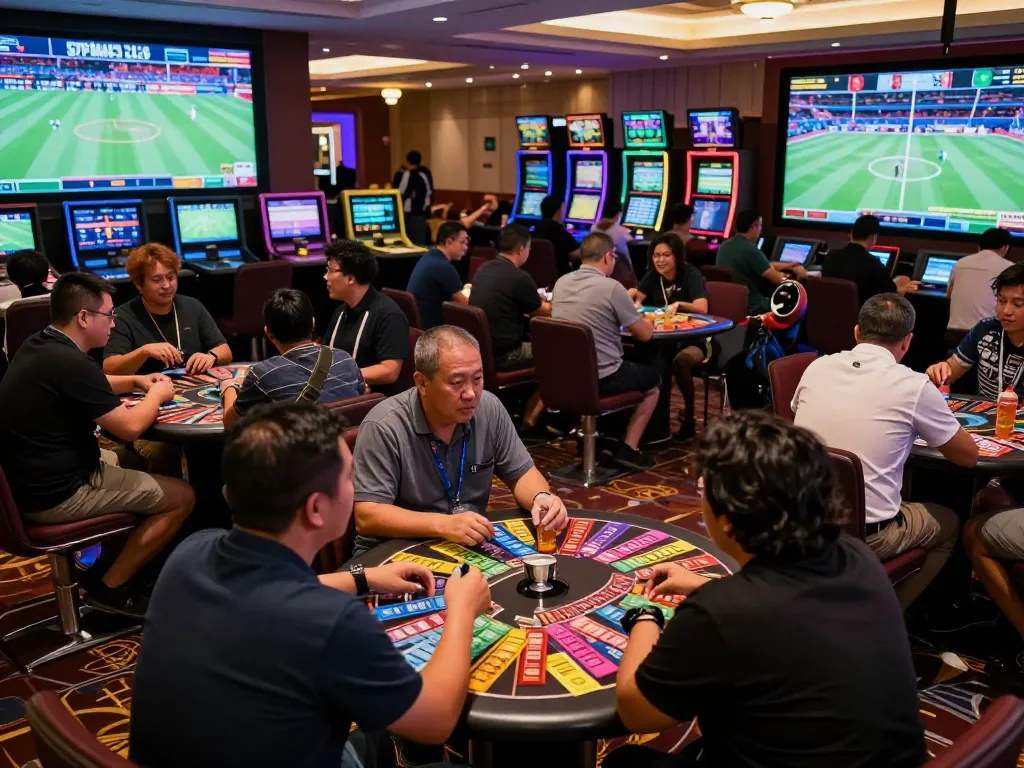 Engaged bettors analyzing odds on kèo nhà cái screens in a lively sports betting area.