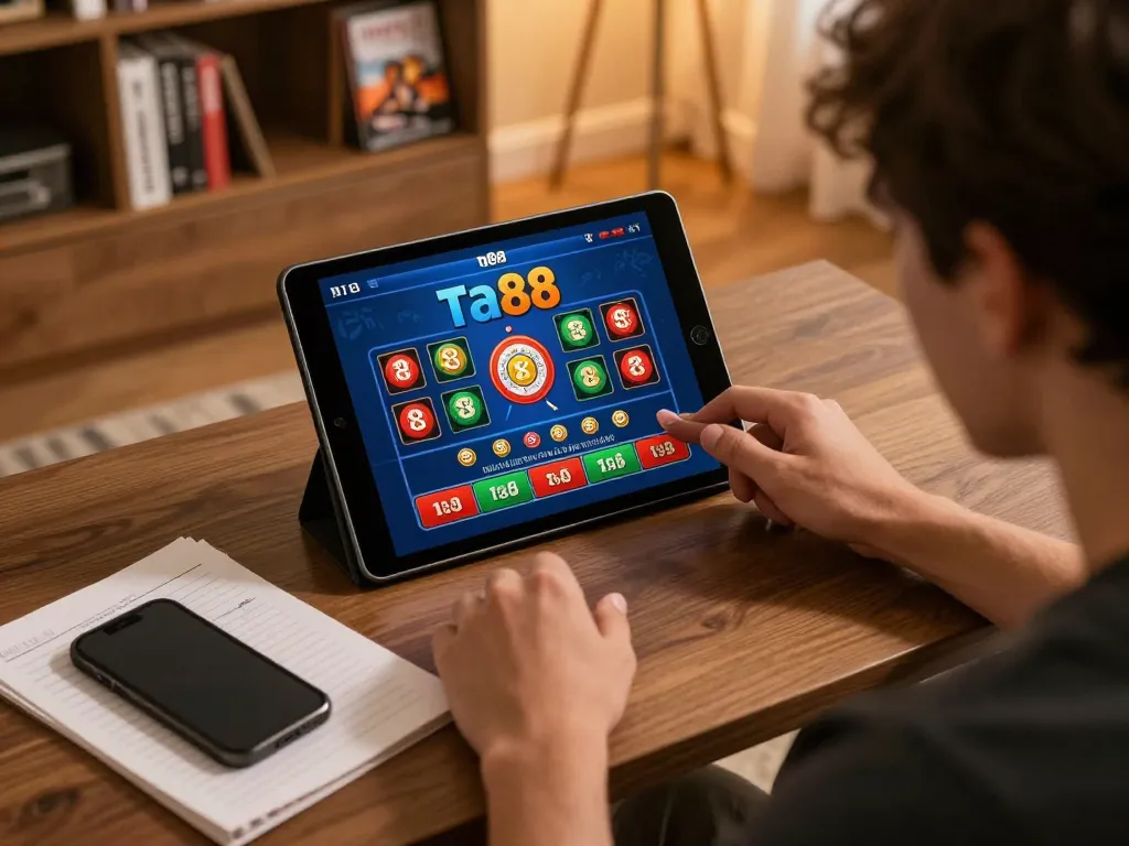 Engage in thrilling casino gaming with ta88 on tablet, showcasing interactive betting features in a cozy setting.