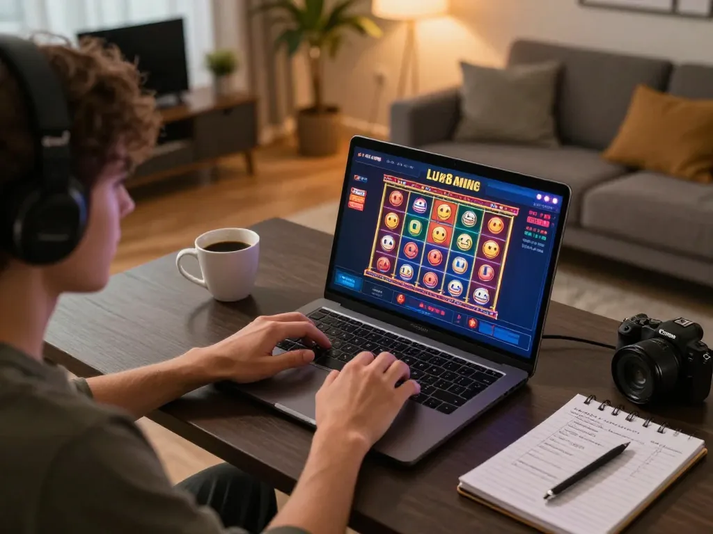 Engaged player enjoying Luck8 online casino on laptop, focusing on betting strategies in cozy home setup.