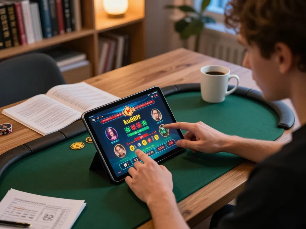 Player interacts with ku88it online casino tablet interface, showcasing a responsible gaming atmosphere.