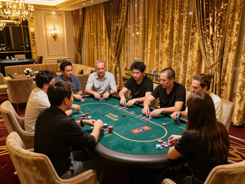 Engaged players competing at a sunwin poker table in an upscale casino environment, showcasing excitement and strategy