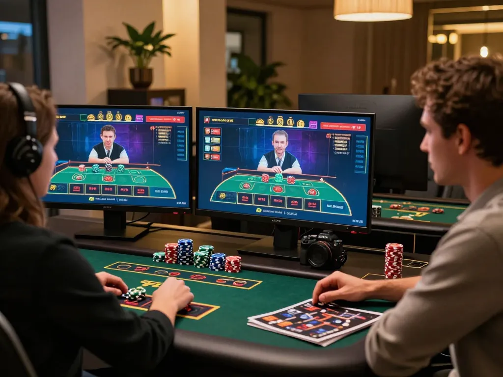 Người chơi LUCK8 tham gia vào các chiến lược casino trực tuyến tại một bàn làm việc phong cách với nhiều màn hình.