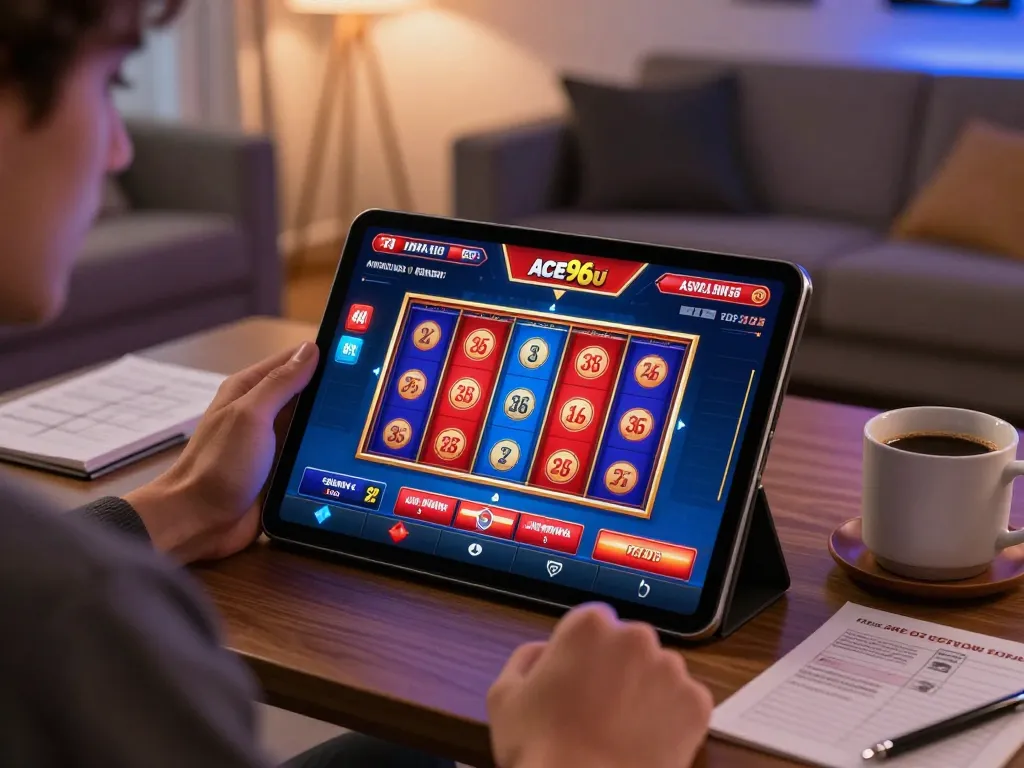 A player engaging in Ace96au gaming on tablet in a cozy home setup