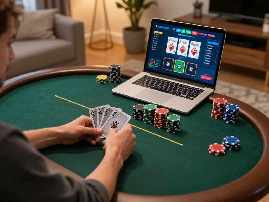 Players engaging with the 789win online poker game on a laptop, highlighting strategic gameplay.