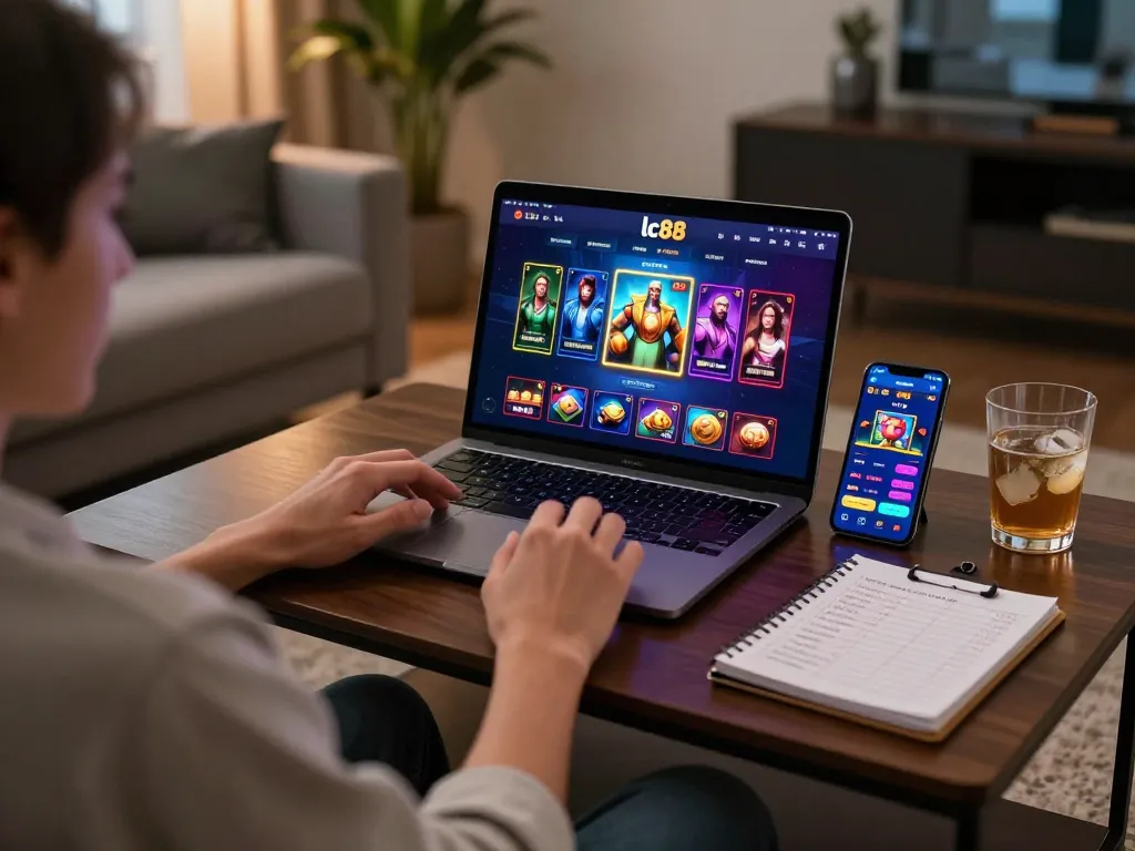 Experience exciting online gaming with lc88 on a sleek laptop at home, surrounded by a cozy ambiance.