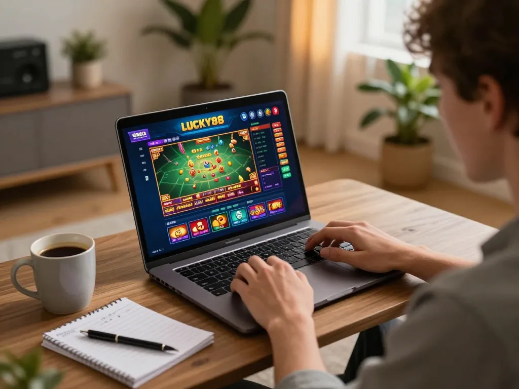 Engaging in LUCKY88 online casino games at home, showcasing vibrant gameplay.