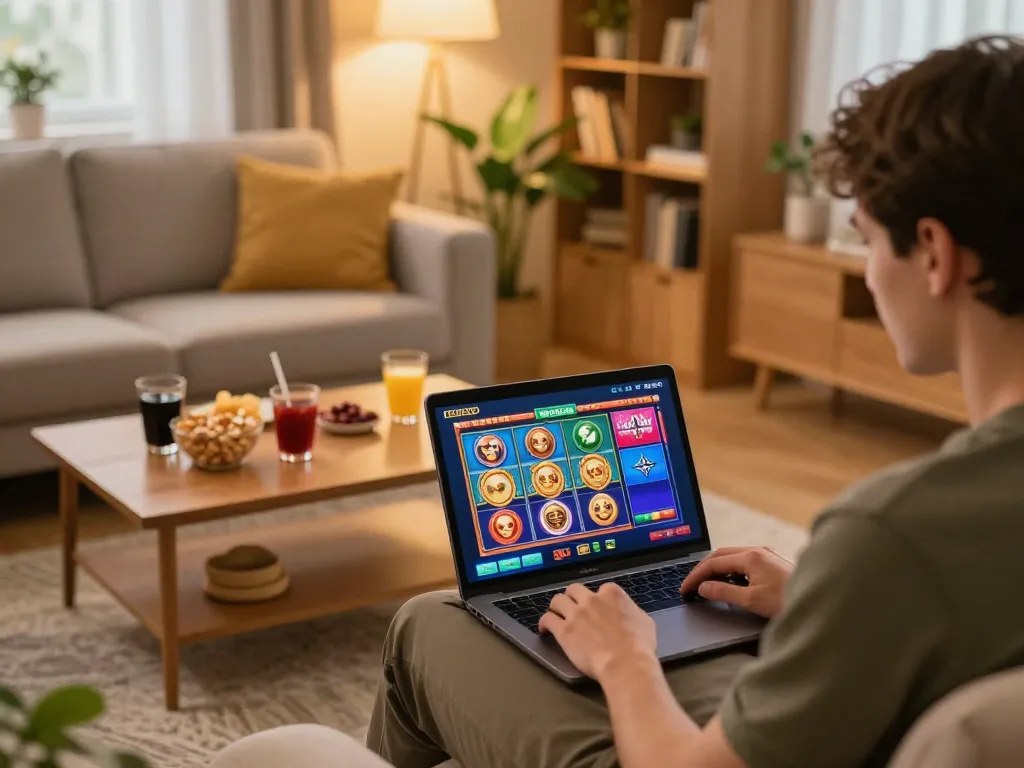 Engaging in online gaming at home, featuring debet88 slot games on laptop and tablet