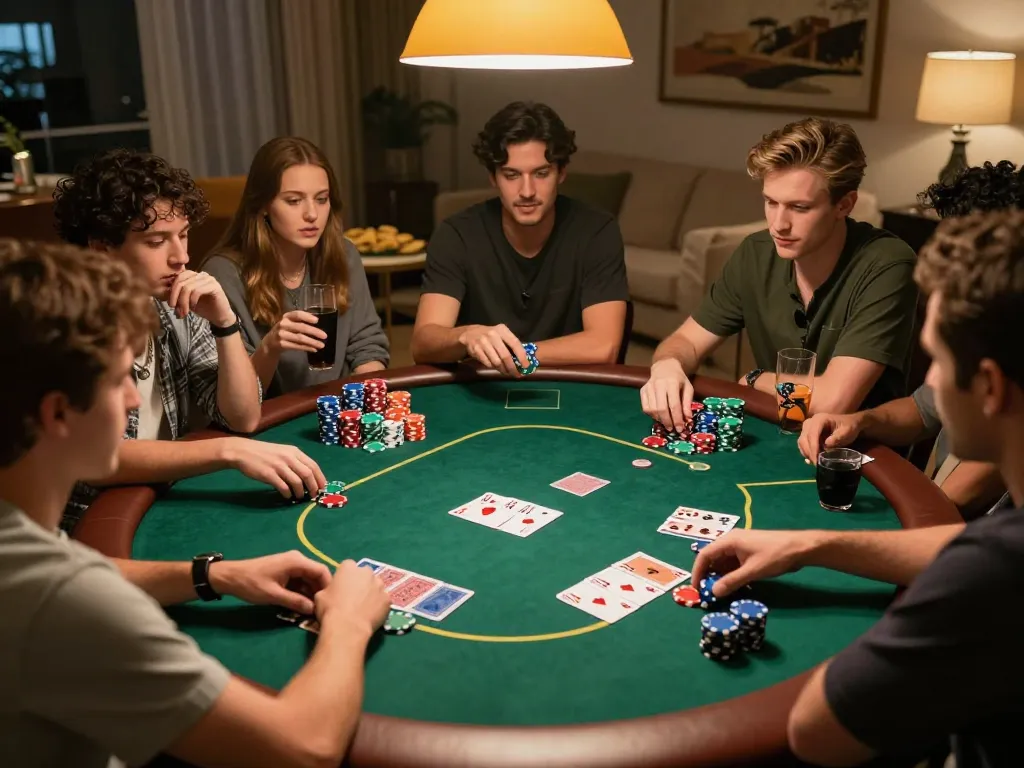 yo88i players enjoying a thrilling poker game with colorful chips and cards on the table