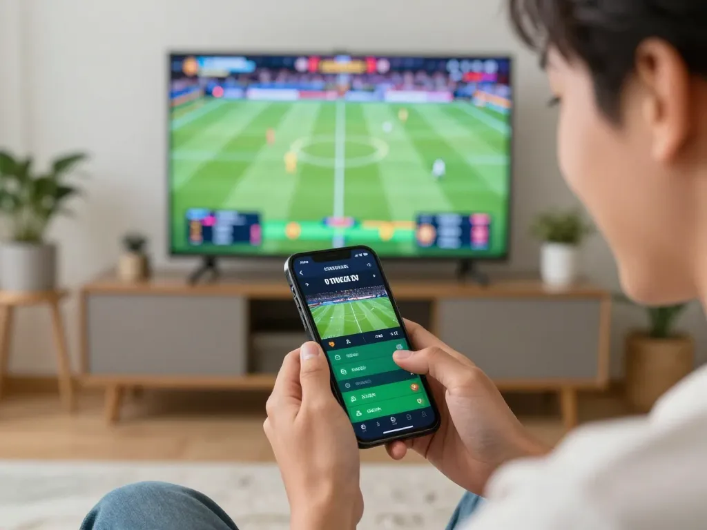 9bet user excitedly placing bets on a smartphone during a live sports event at home.