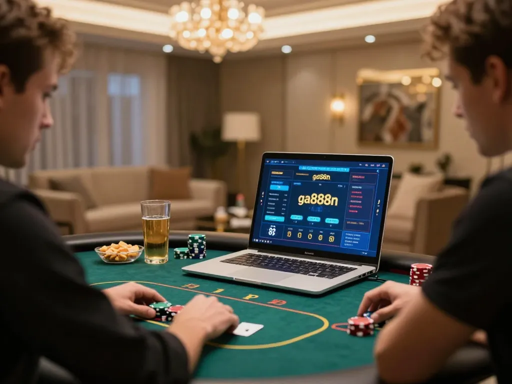 Player engaged in high-stakes poker game on ga888n with stylish home decor and warm lighting.