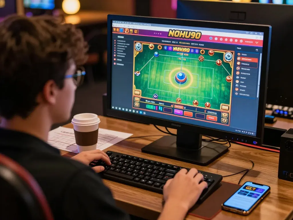 Engaging gameplay on NOHU90 smartphone app with player placing bets in a comfortable home setting.
