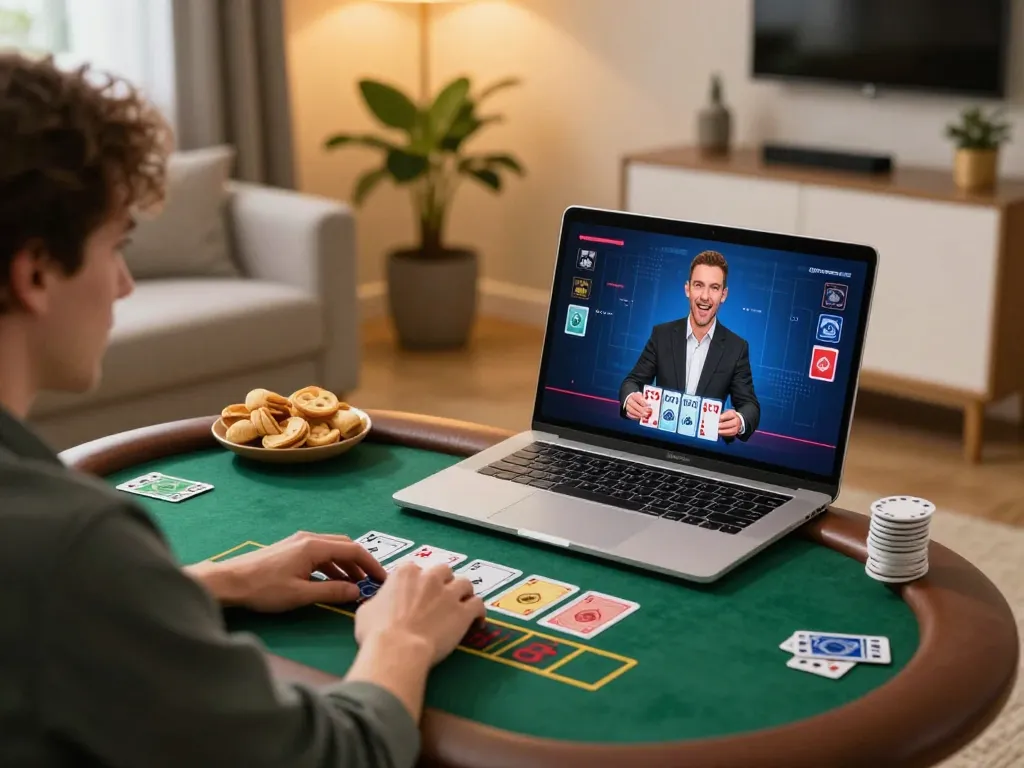 SKY88 hiện đang mở for exciting live dealer blackjack gameplay at home, showcasing a player engaged and thoughtful.