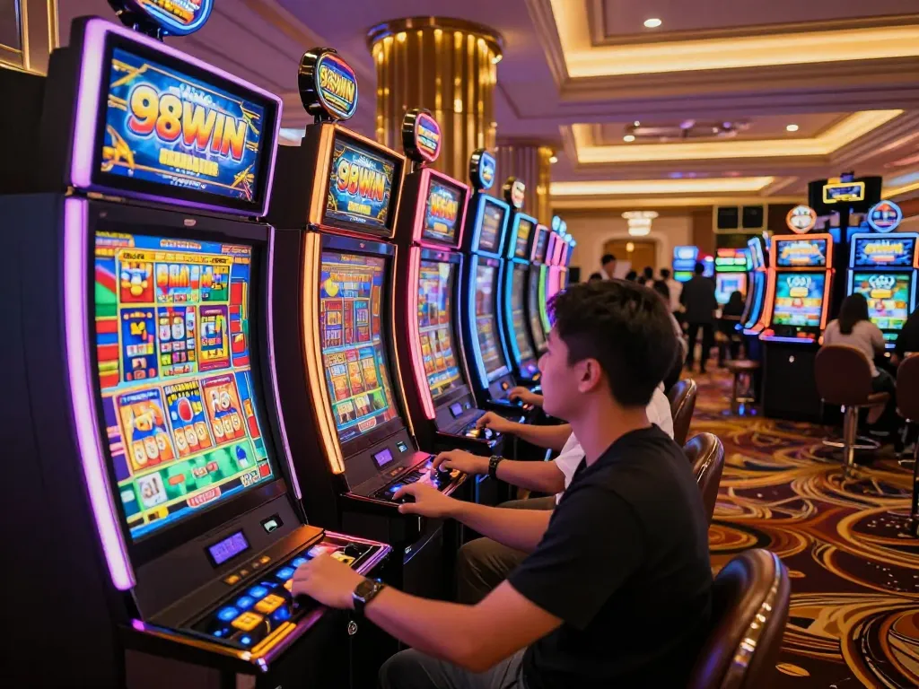 Nổ Hũ 98WIN slot machines lighting up the vibrant casino floor as eager players engage in the thrilling game.