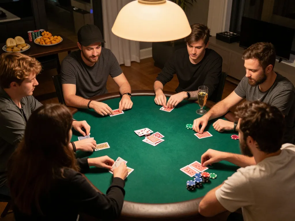 O8 poker night with friends around a green felt table, lively atmosphere, strategic gameplay and social bonding