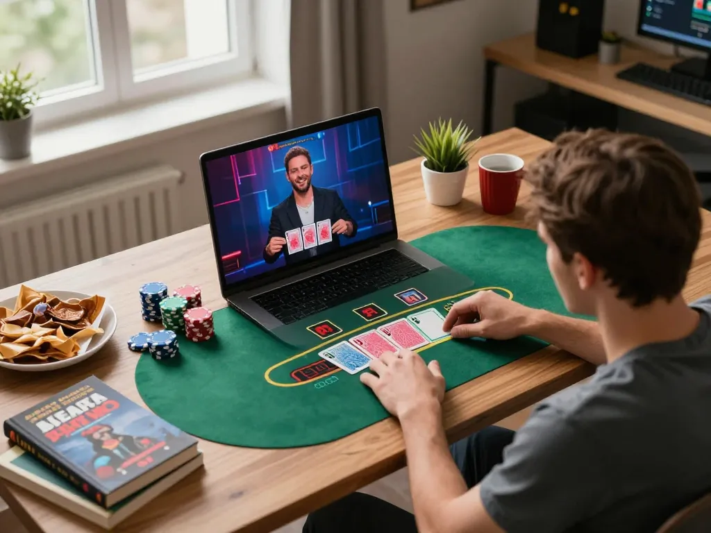 Player enjoying a thrilling vu88 live dealer blackjack experience on their laptop at home, showcasing an engaging online casino setup.