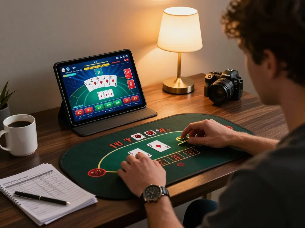 Players enjoying gamebai79 online poker on a tablet with strategic notes and a coffee nearby.