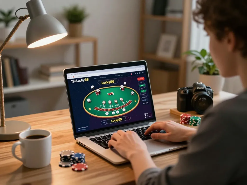 Tải app Lucky88 while playing live dealer blackjack on a laptop in a cozy home office.