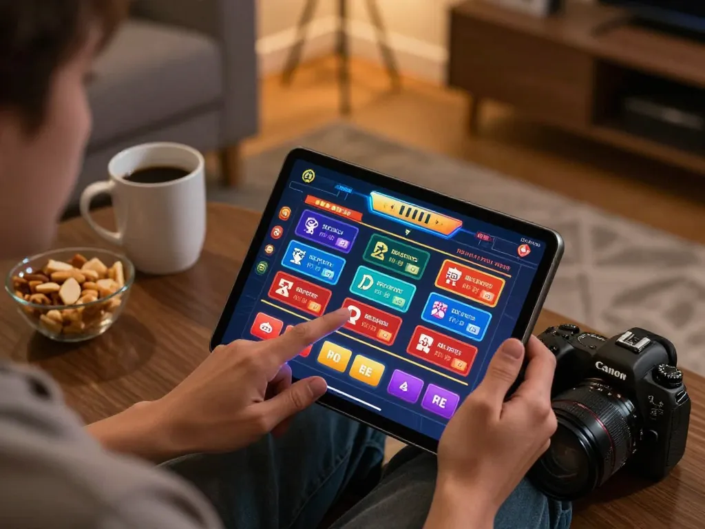 Person playing SC88 casino games on tablet at home, showcasing strategic betting and a cozy atmosphere.
