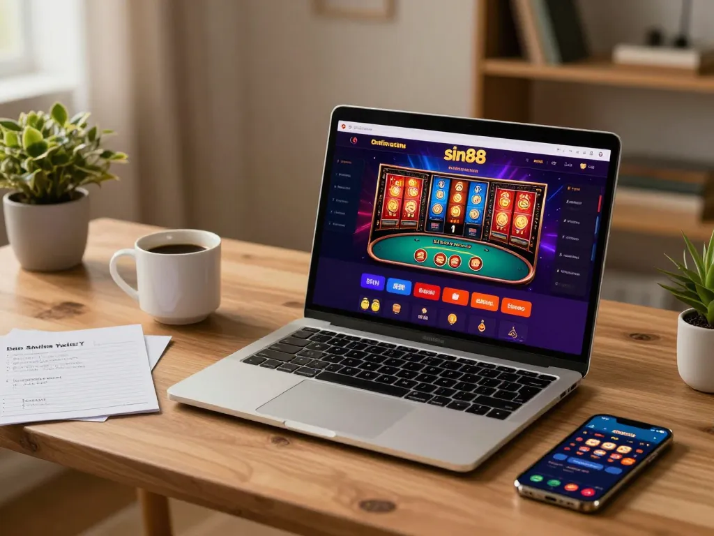 Engaging with sin88 online casino on a laptop in a cozy home office.