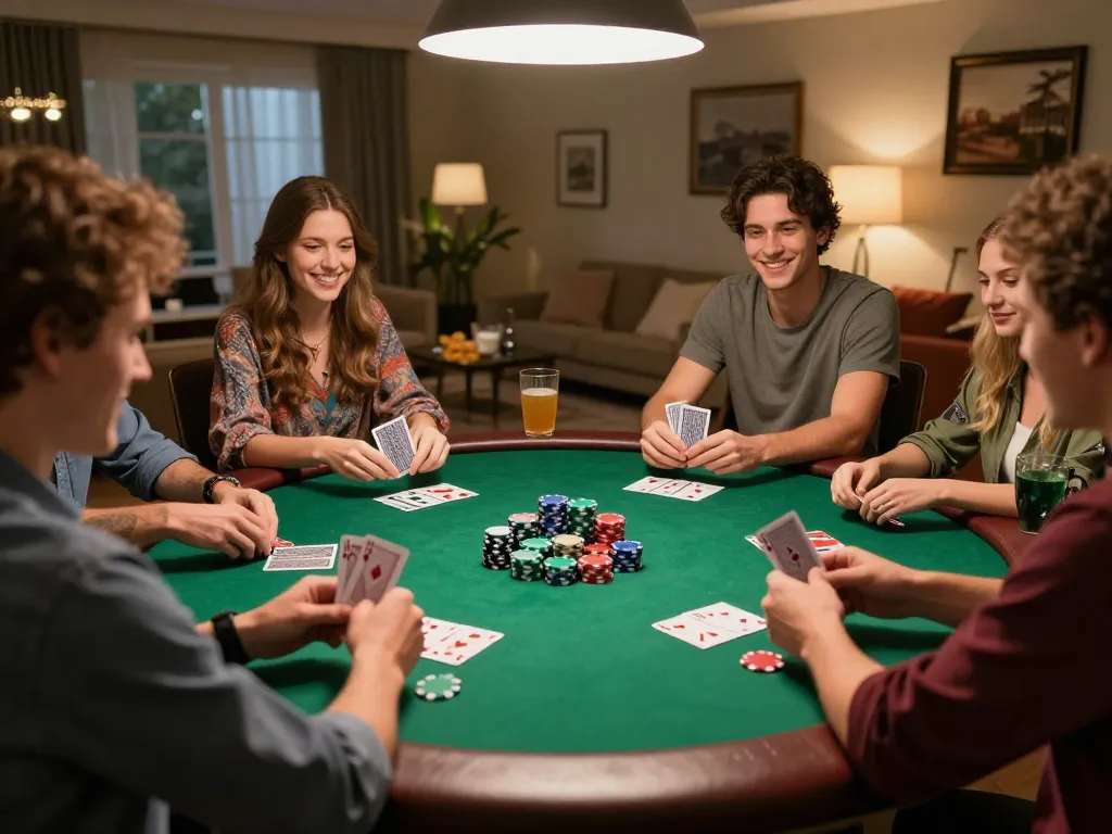 Friends enjoying poker night while playing at home with 3win gaming strategy.