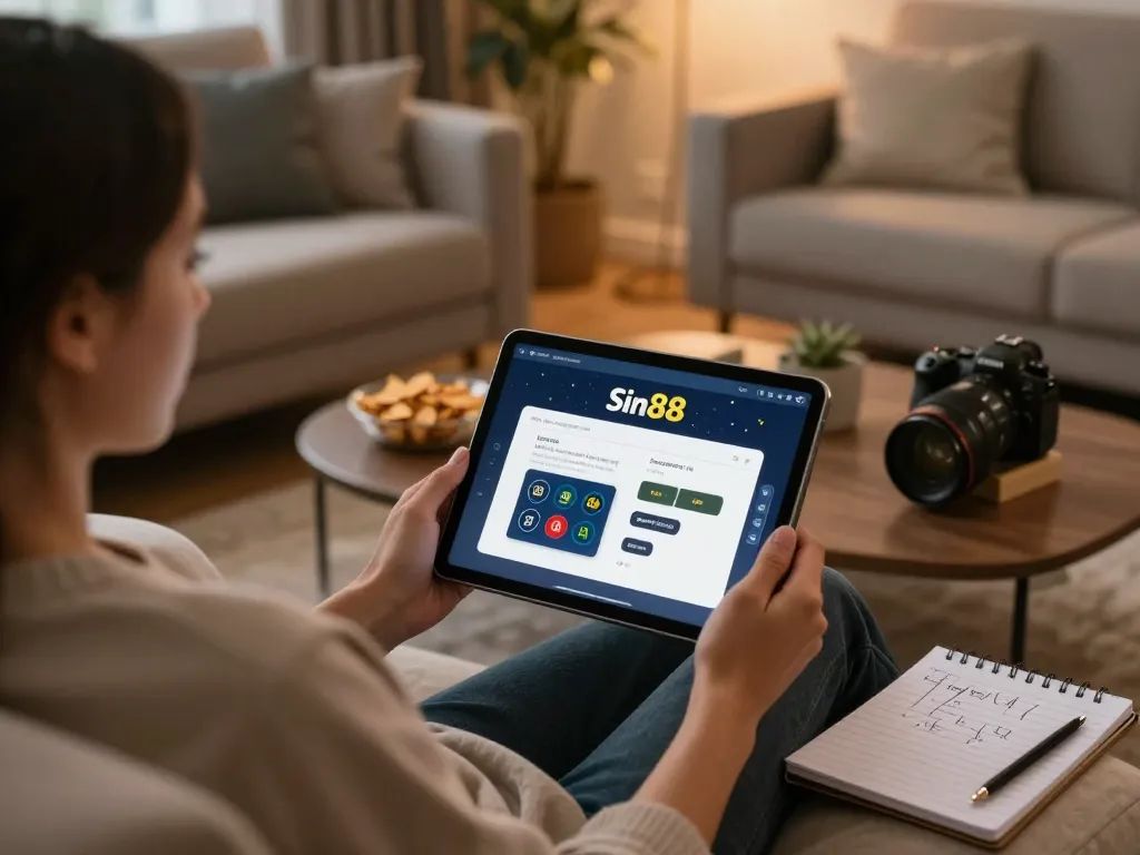 sin88 login activity on tablet while relaxing at home, showing betting interface and strategy notes.