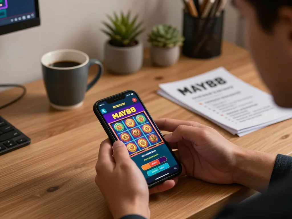 MAY88 player engaging in online casino gaming with mobile app in a cozy home environment