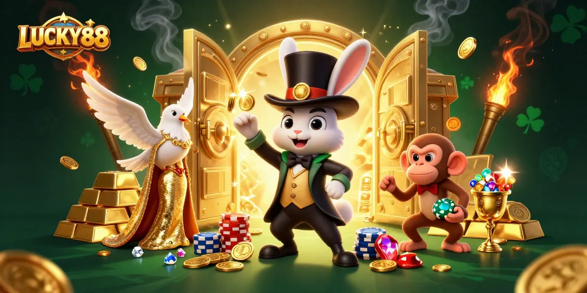 LUCKY88 magician rabbit shows off golden coins amid treasure in a vibrant casino scene.