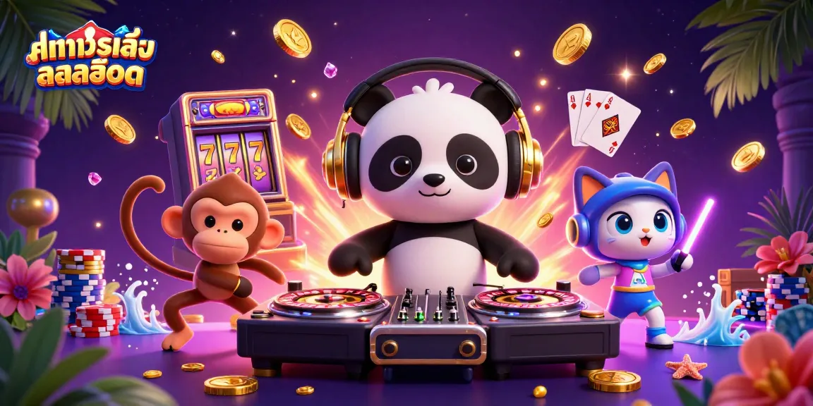 Engage in thrilling ทดลองเล่นสล็อต with a lively scene featuring a DJ panda and vibrant casino elements.