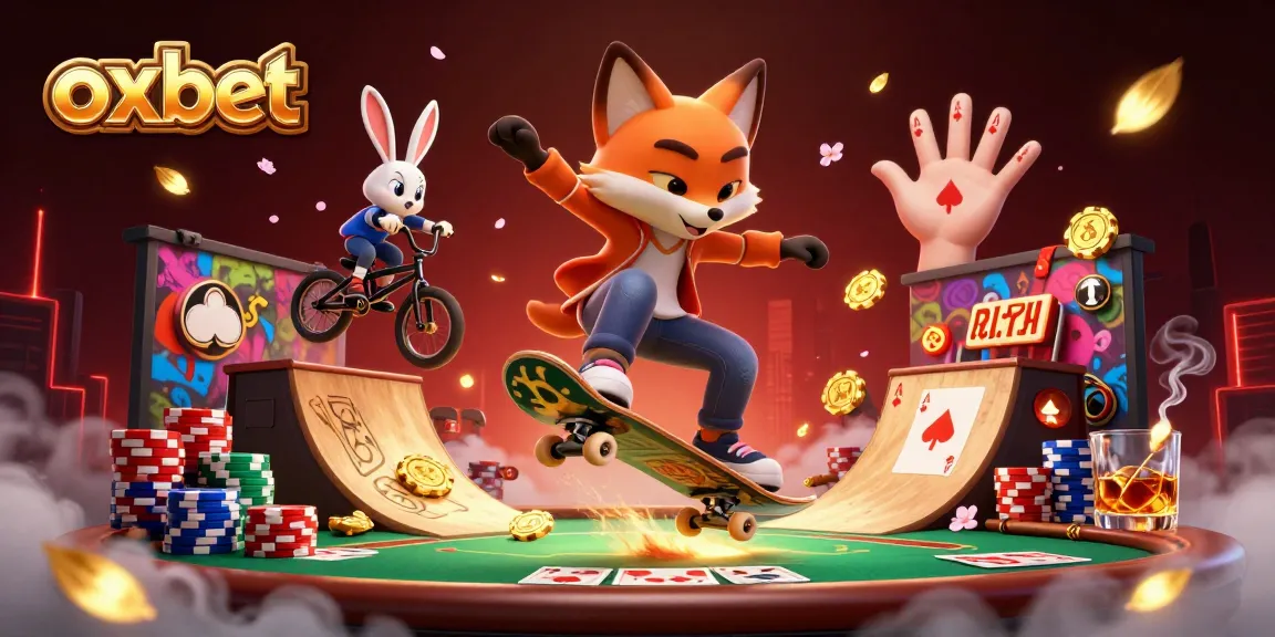 Experience thrilling gaming moments at OXBET with a vibrant 3D casino scene showcasing action-packed characters.