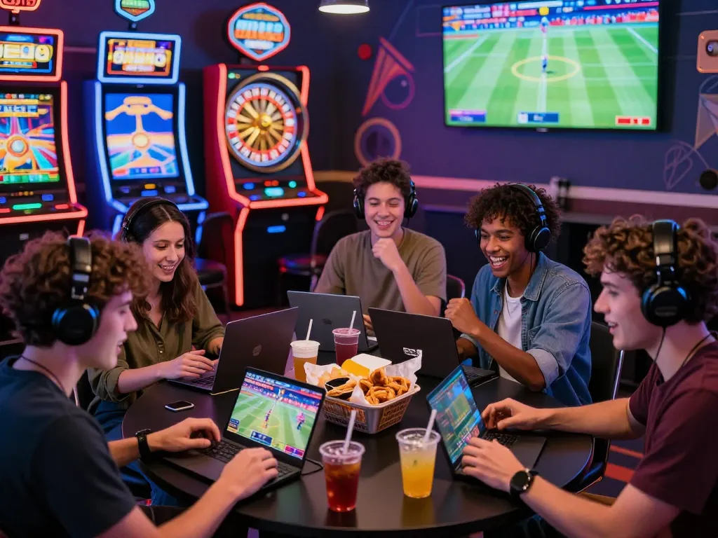 Players enjoying games at jun88pl com in a vibrant casino-themed environment