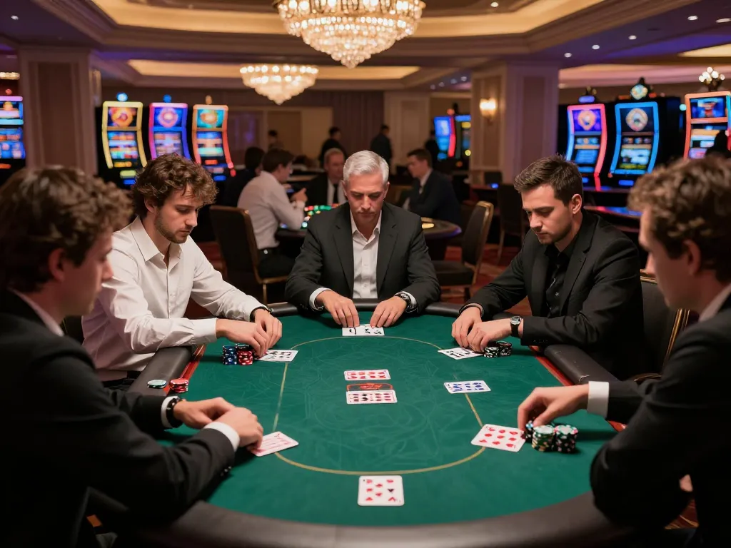 Players engaged at 88CLUB poker table in Las Vegas casino, showcasing strategic gameplay.