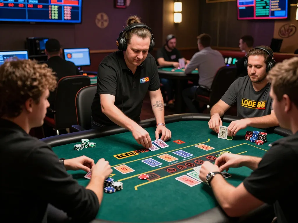 Engaged players at LODE 88 online casino table strategizing their bets with a professional dealer.