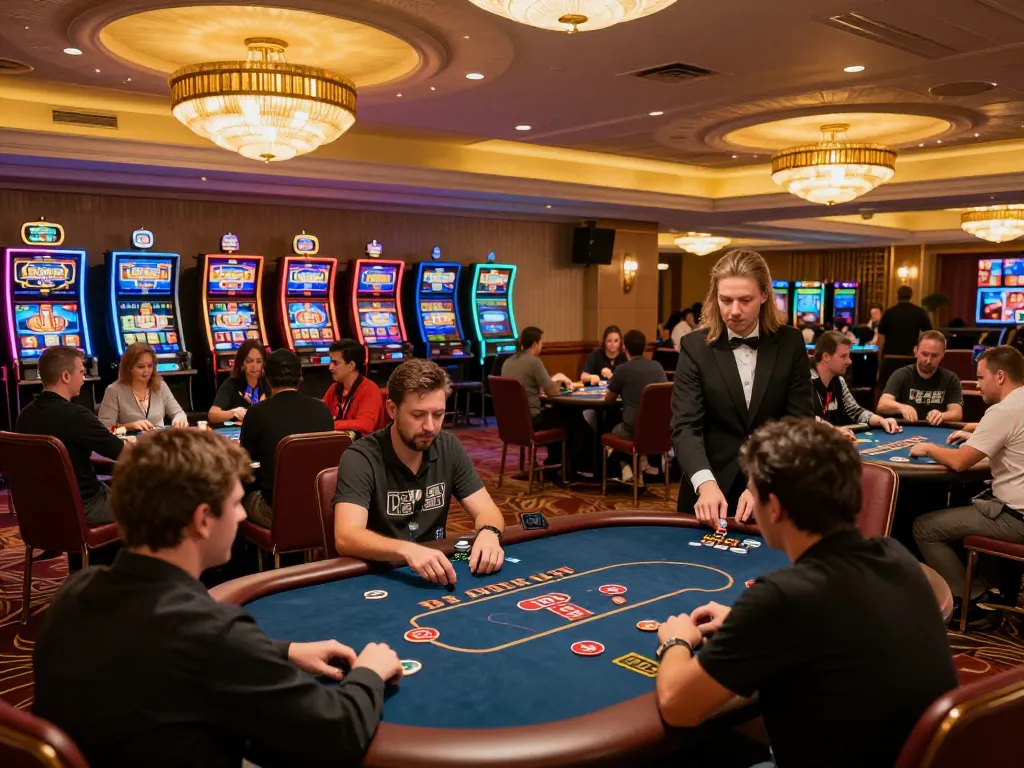 Players engaged in exciting poker games at jun88pl com's luxurious casino floor, showcasing the thrill of gambling.