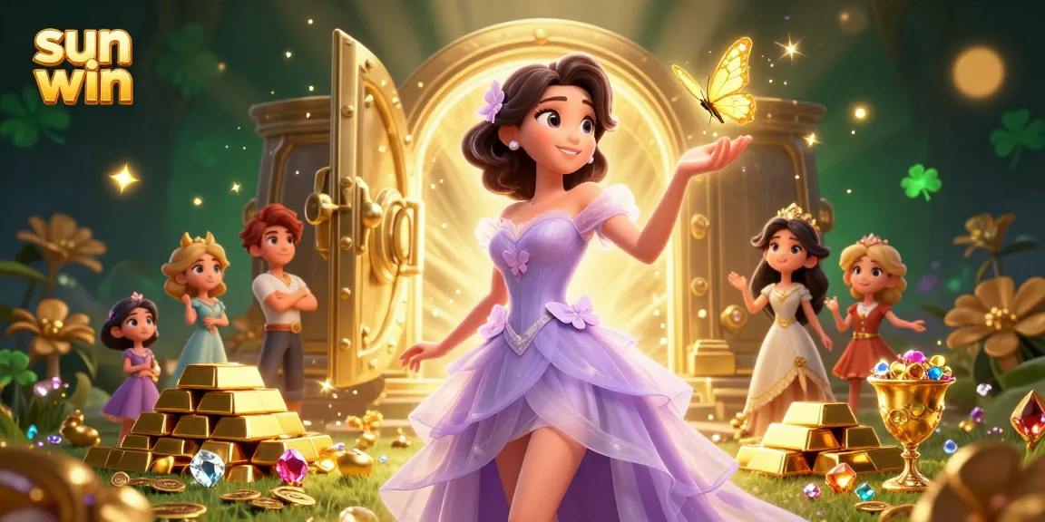 Experience sun win with a dazzling 3D illustration showcasing a magical casino world filled with treasures and vibrant elements.