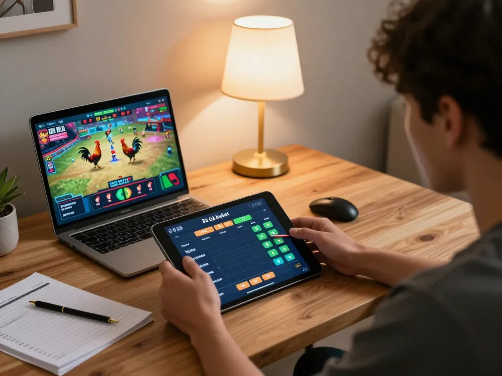 Engage in Đá gà hubet betting with a live streaming event displayed on a tablet during an exciting online gaming session