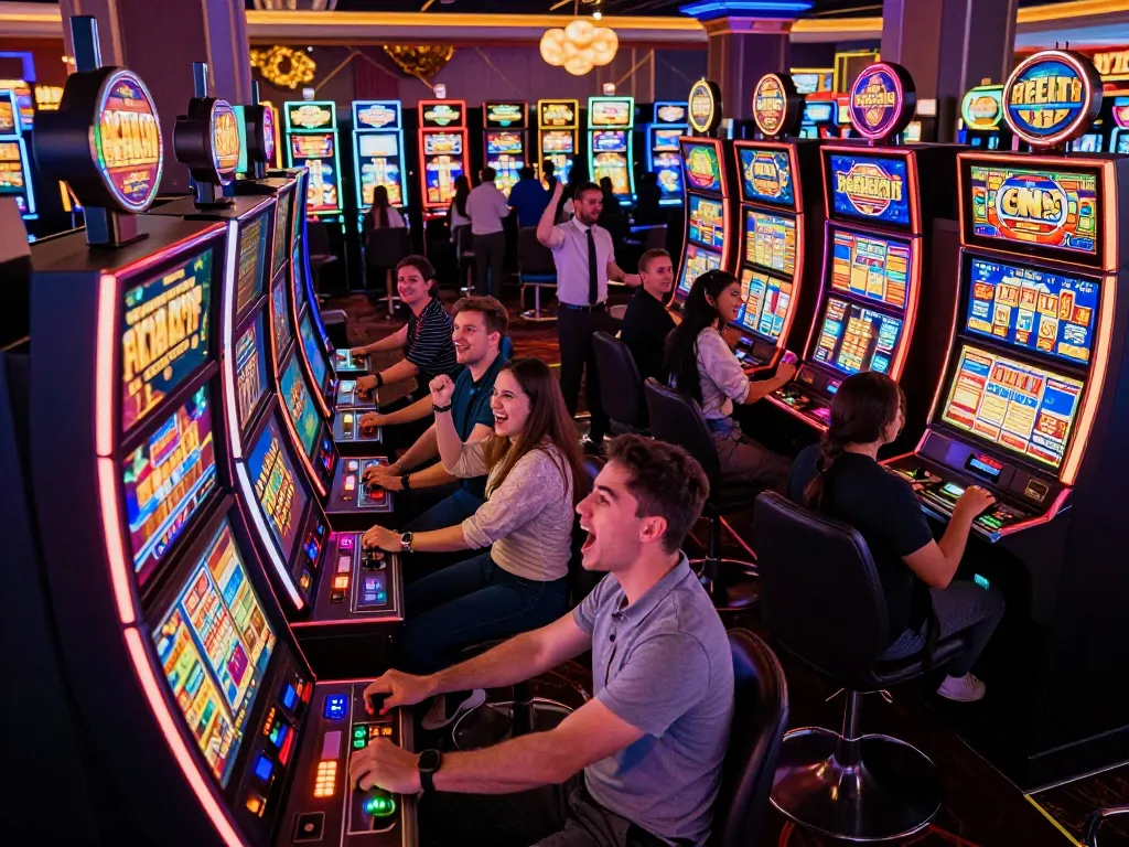 Players celebrating wins at vibrant five888 slot machine area in a lively casino atmosphere.