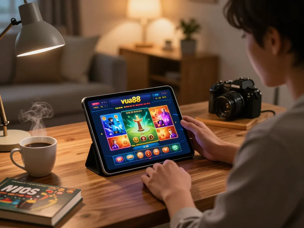 Engaged player strategizing on vua88 online casino interface at home, cozy and inviting atmosphere.