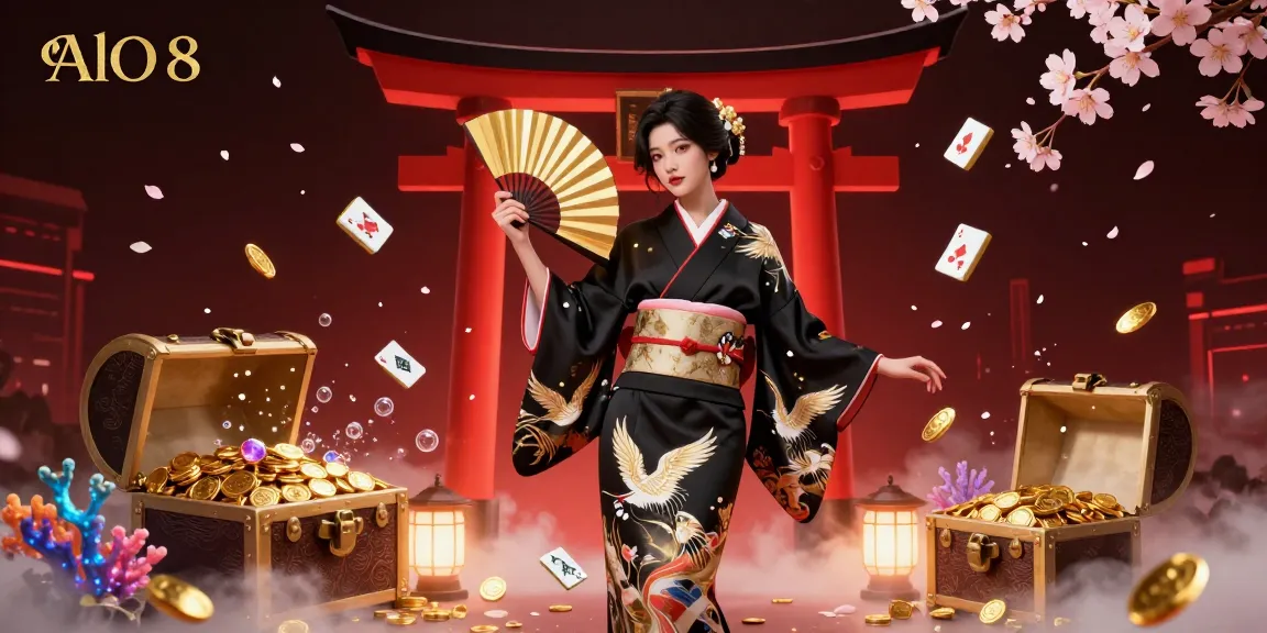 Play and win with AlO 8 in this vibrant casino scene featuring a graceful Asian woman with a golden fan surrounded by immersive gambling elements.