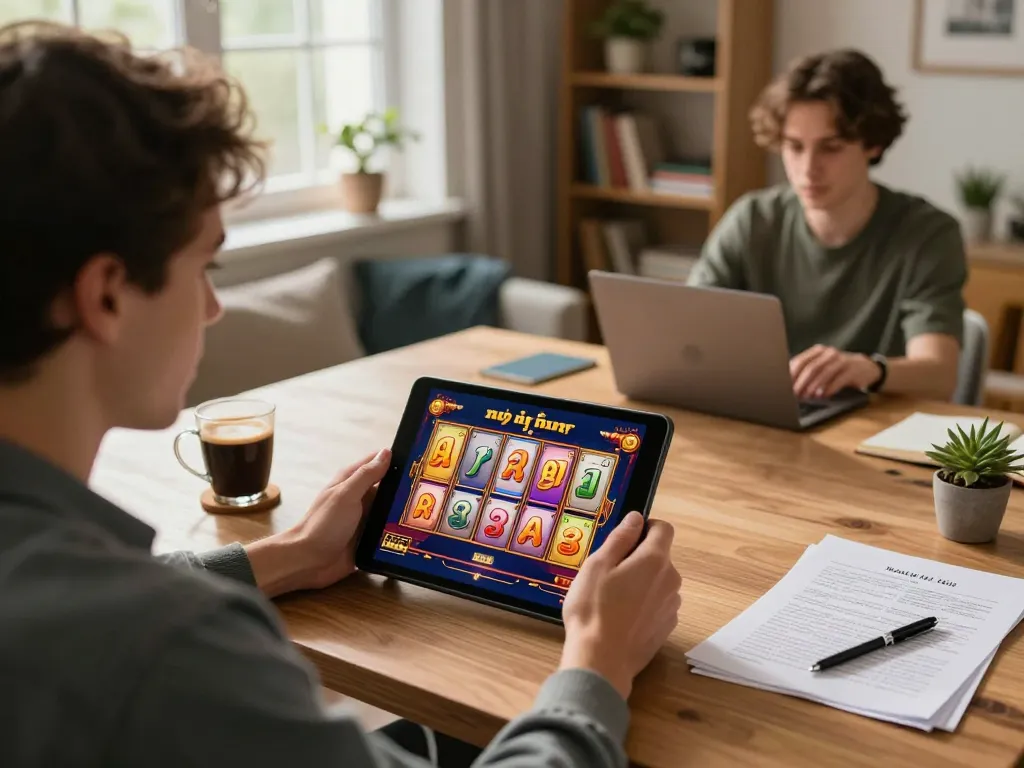 Engaging player enjoying nổ hũ game at home desk, showcasing responsible gaming.