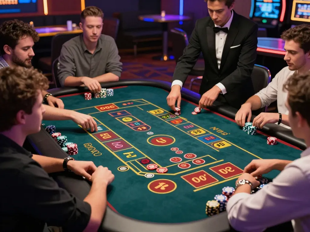 Xóc đĩa table action with players engaged and dealer managing bets in vibrant casino setting.