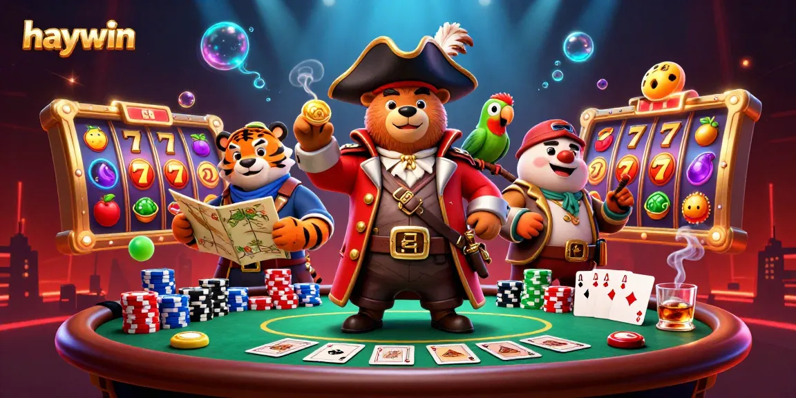 Experience winning thrills at haywin with this vibrant casino scene featuring a pirate bear, tiger, and treasure, packed with game elements.