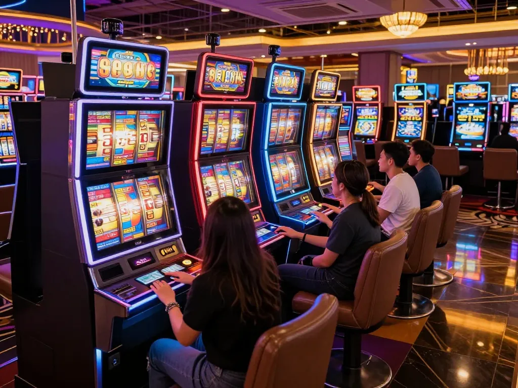 Players engaging with colorful slot machines at 9bet, showcasing gaming excitement.