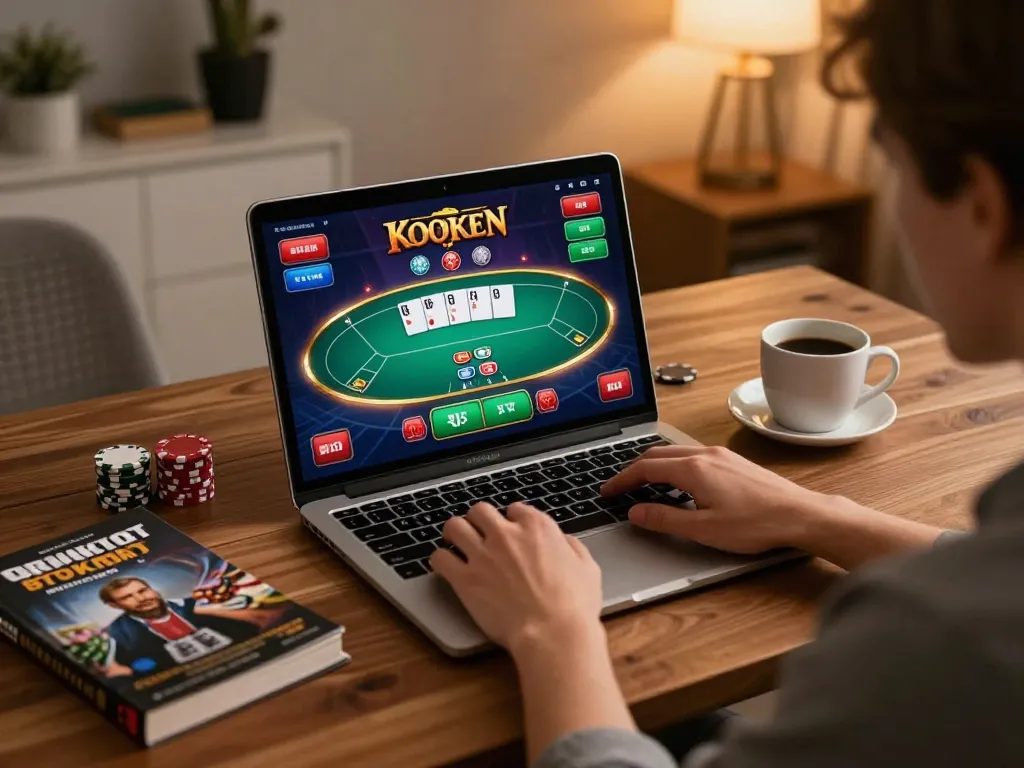Engaging in fly88 đăng nhập on a laptop at home, showcasing strategic poker gameplay and a cozy atmosphere.