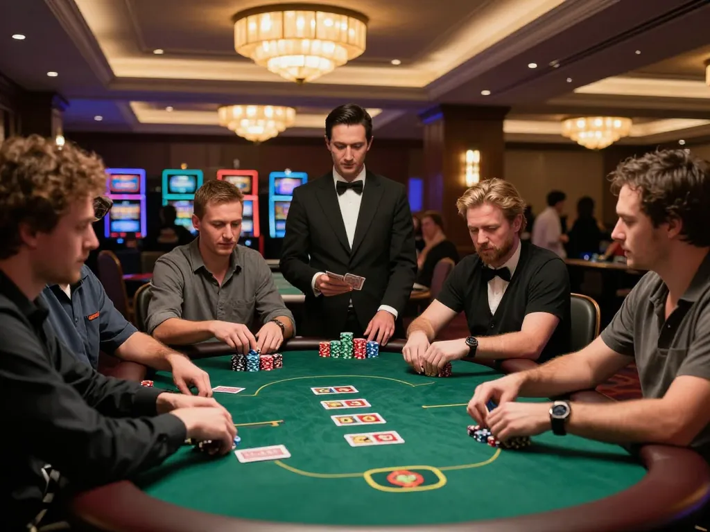 Players strategizing at a poker table in a luxurious casino, experiencing the thrill of GA 88.