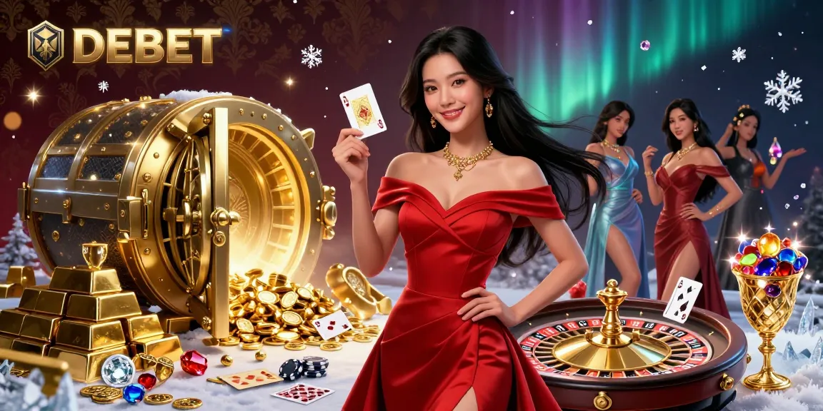 Experience the excitement of DEBET as a beautiful young Asian woman elegantly holds a golden playing card by a roulette wheel.