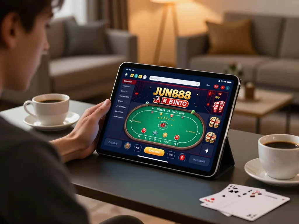 A player engaging with the jun888 casino app on their tablet, showcasing immersive online gaming at home.
