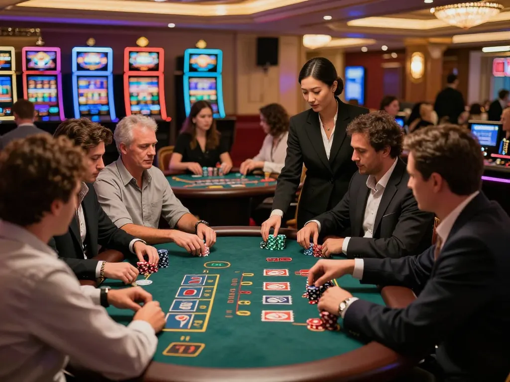 Players strategizing at C168 blackjack tables with vibrant casino ambiance