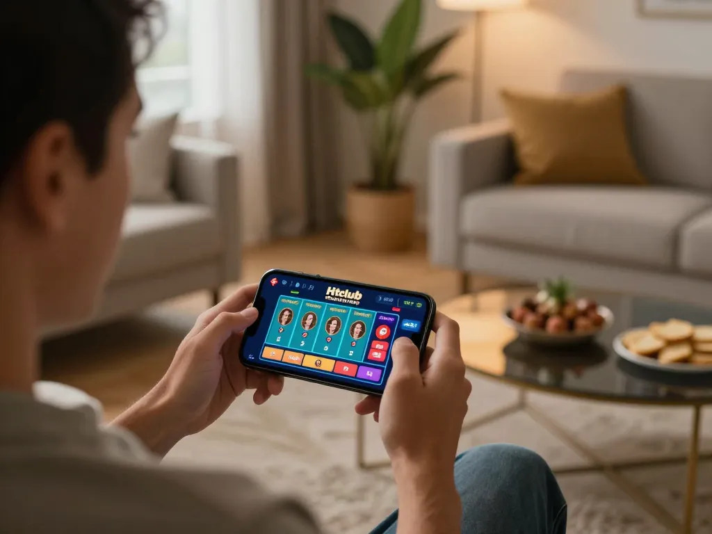 Engaging with Hitclub’s online betting interface in a cozy setting, showcasing responsible gaming habits