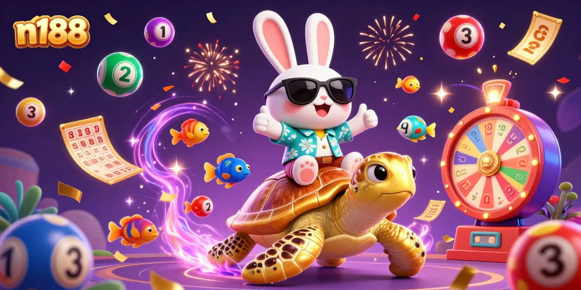 Experience n188 gaming excitement with a lucky rabbit and golden turtle amid dynamic lottery action.