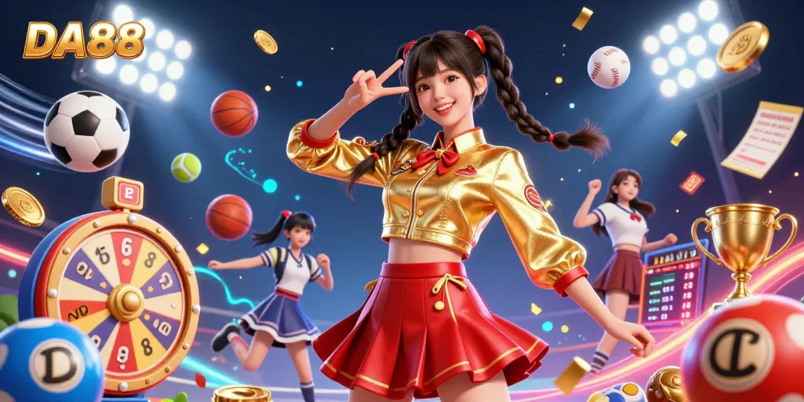 Experience the excitement of DA88 with vibrant lottery balls and friendly fun amidst dynamic sports elements.